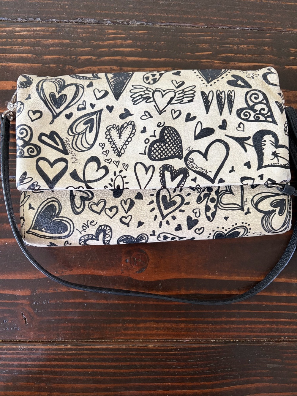 Brighton White and Black Heart Doodle Crossbody Bag